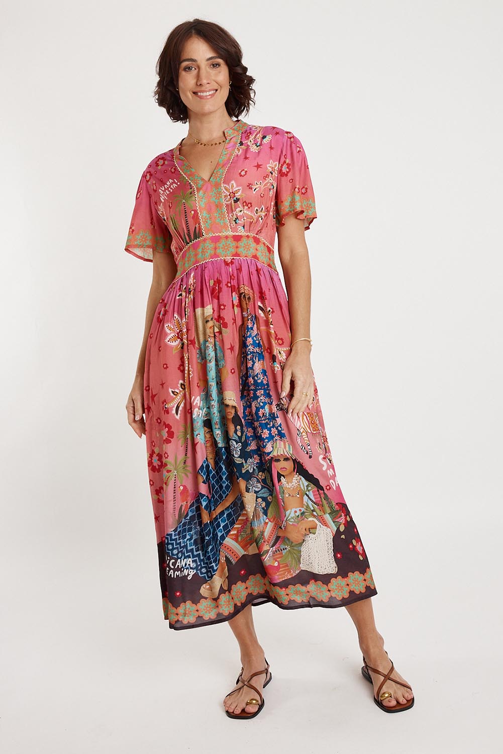 A model wearing the Fiesta Modal Blend Dress in colour Print (Pink), from the front, showing the whole outfit