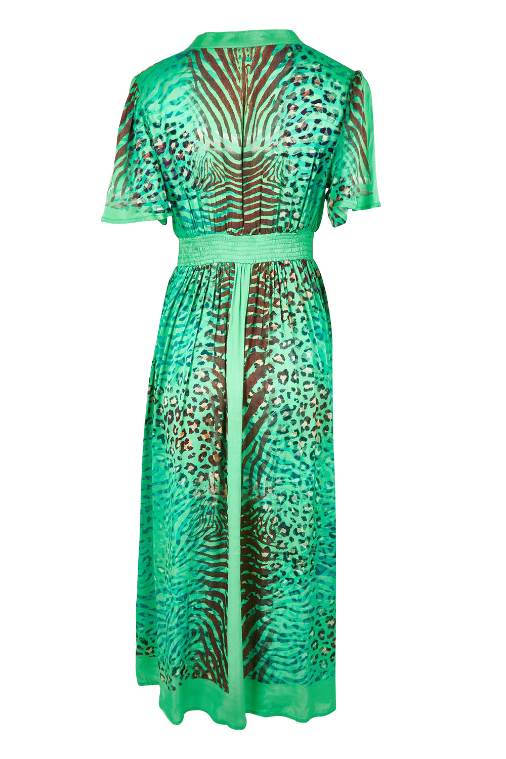 Product shot of the Maasai Midi Dress in colour Emerald (Green), from the back