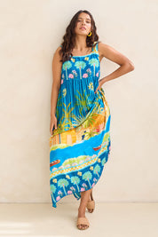 Model Tahnee wearing size S of the Mardiva Sundress in colour Ocean, from the front, showing the whole outfit