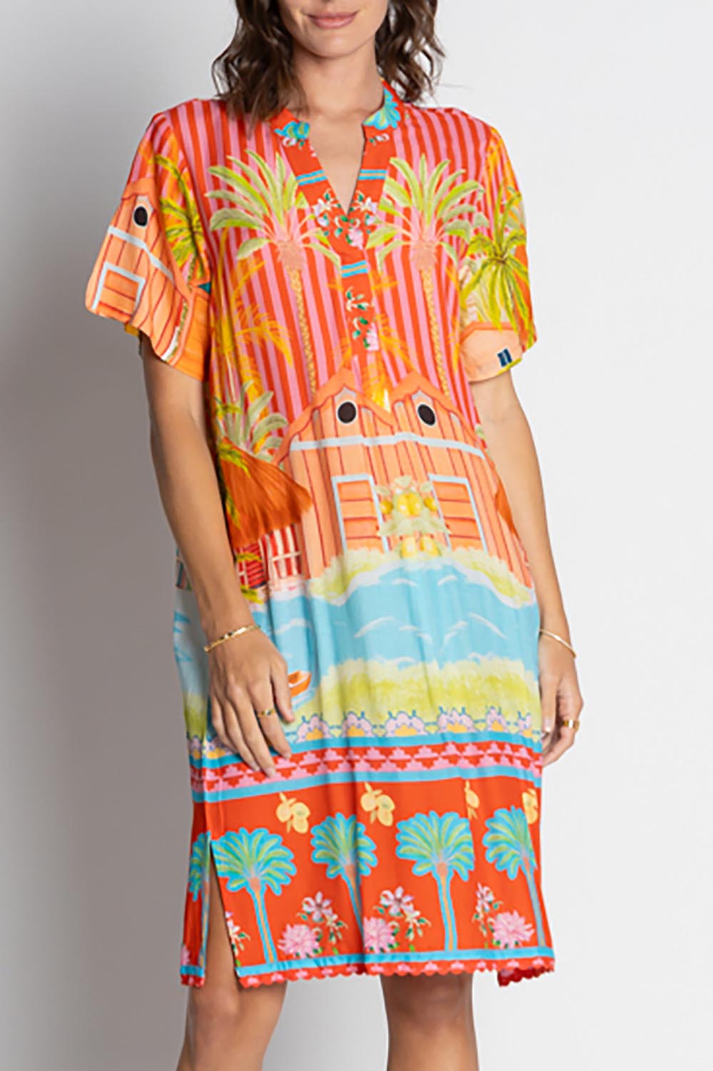 A model wearing the Mardiva Shift Dress in colour Melon, from the front, cropped image