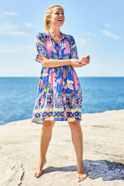 Model Bianca wearing size S of the Marquis Modal Blend Dress in colour Ocean (Blue), from the front, showing the whole outfit