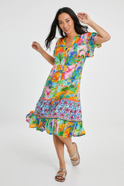 Model Katie wearing size S of the Mirage Dress in colour Print (Blue), from the front, showing the whole outfit