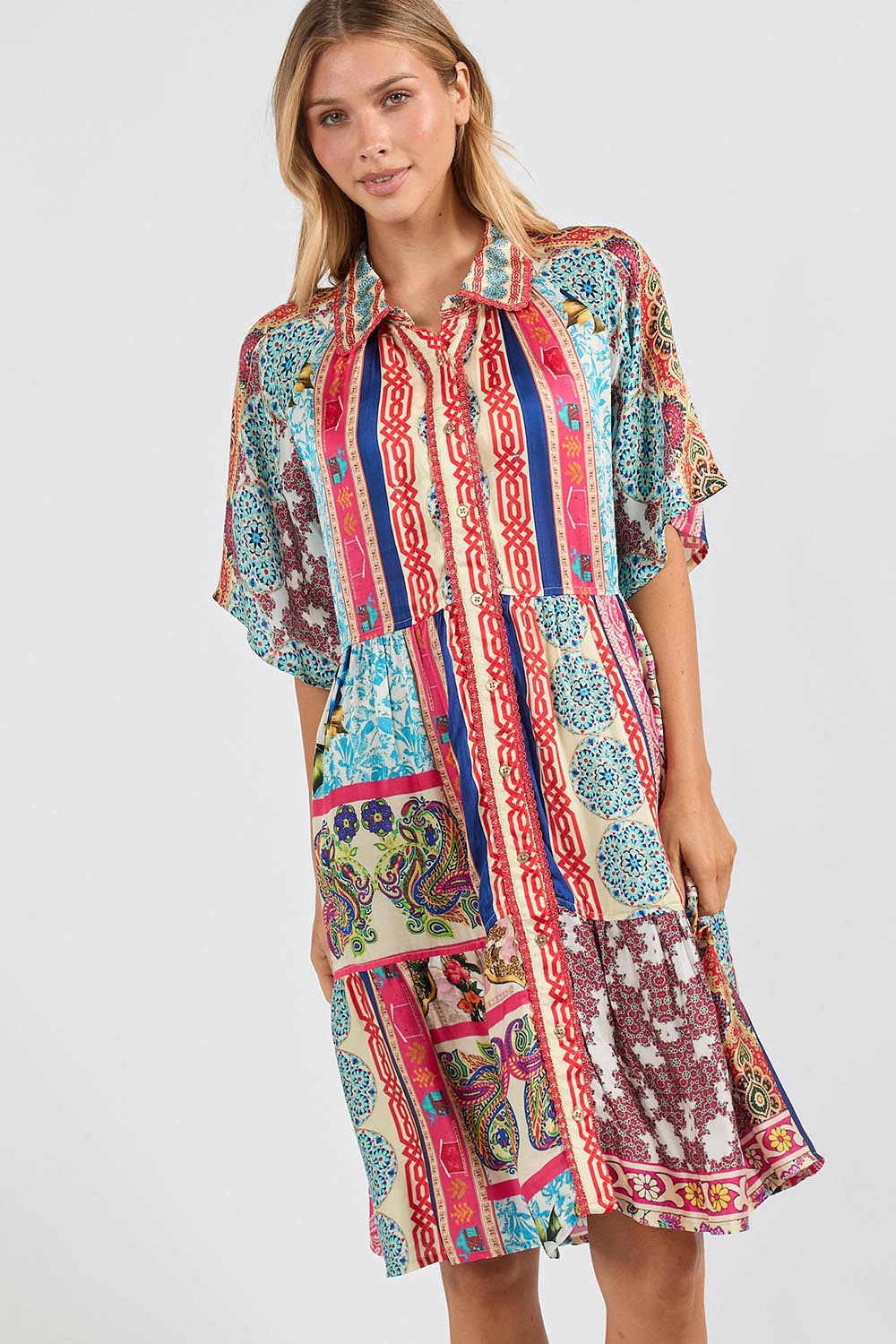 Model Genericm wearing size sample of the Miramar Dress - Print in colour Print, in a cropped view