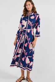 Model Genericm wearing size sample of the Palmilla Shirtmaker Dress – Navy in colour Navy, from the front