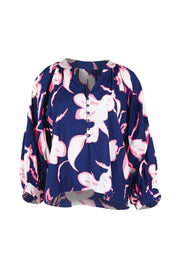 Product shot of the Palmilla Floral Top – Navy in colour Navy, from the front