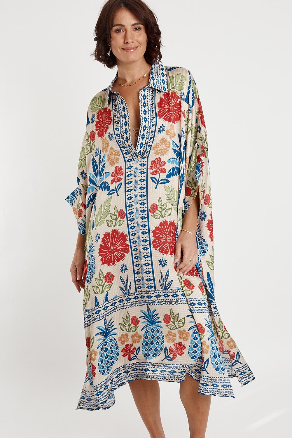 A model wearing the Parisio Modal Blend Kaftan in colour Navy (Blue), from the front, cropped image