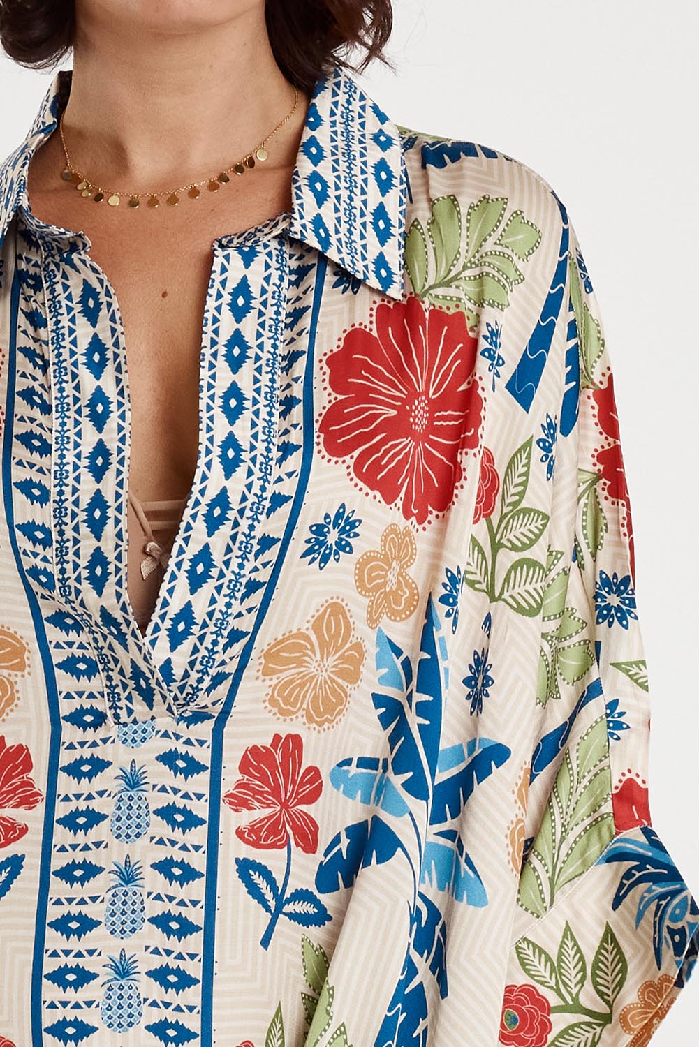 A model wearing the Parisio Modal Blend Kaftan in colour Navy (Blue), from the front, cropped image