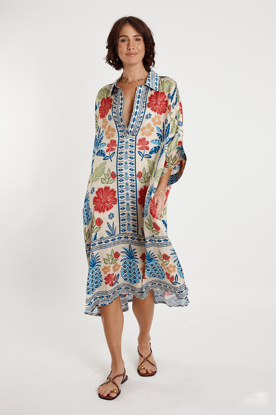 A model wearing the Parisio Modal Blend Kaftan in colour Navy (Blue), from the front, showing the whole outfit