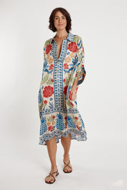 A model wearing the Parisio Modal Blend Kaftan in colour Navy (Blue), from the front, showing the whole outfit