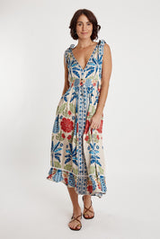 A model wearing the Parisio Modal Blend Sleeveless Dress in colour Navy (Blue), from the front, showing the whole outfit