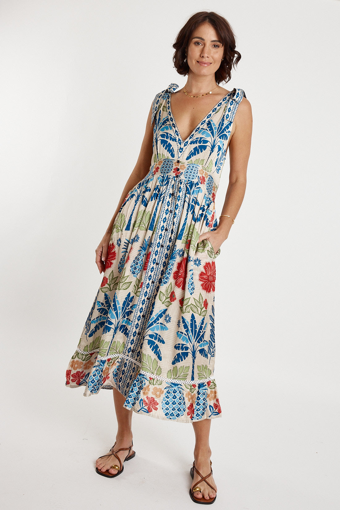 A model wearing the Parisio Modal Blend Sleeveless Dress in colour Navy (Blue), from the front, showing the whole outfit