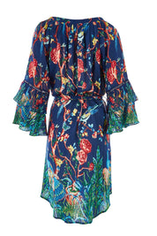 Product shot of the Peacock Dress in colour Navy (Blue), from the back