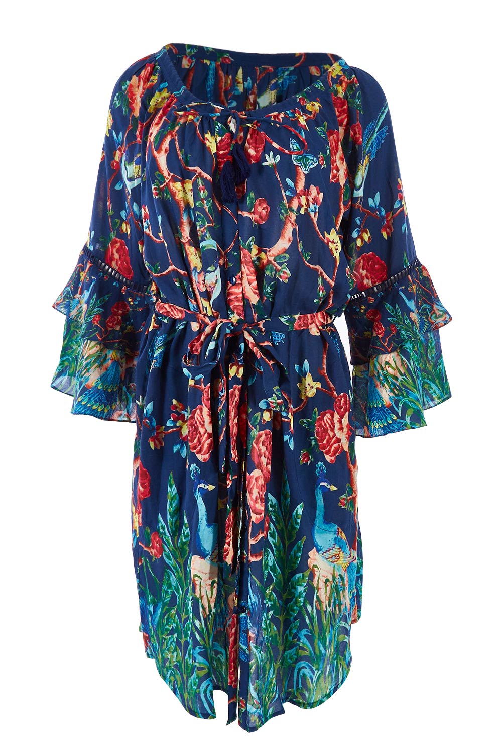 Product shot of the Peacock Dress in colour Navy (Blue), from the front