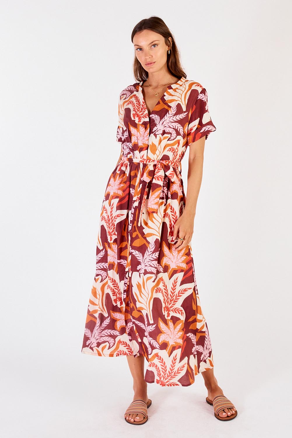A model wearing the Portabella Midi Dress in colour Sienna, from the front, showing the whole outfit