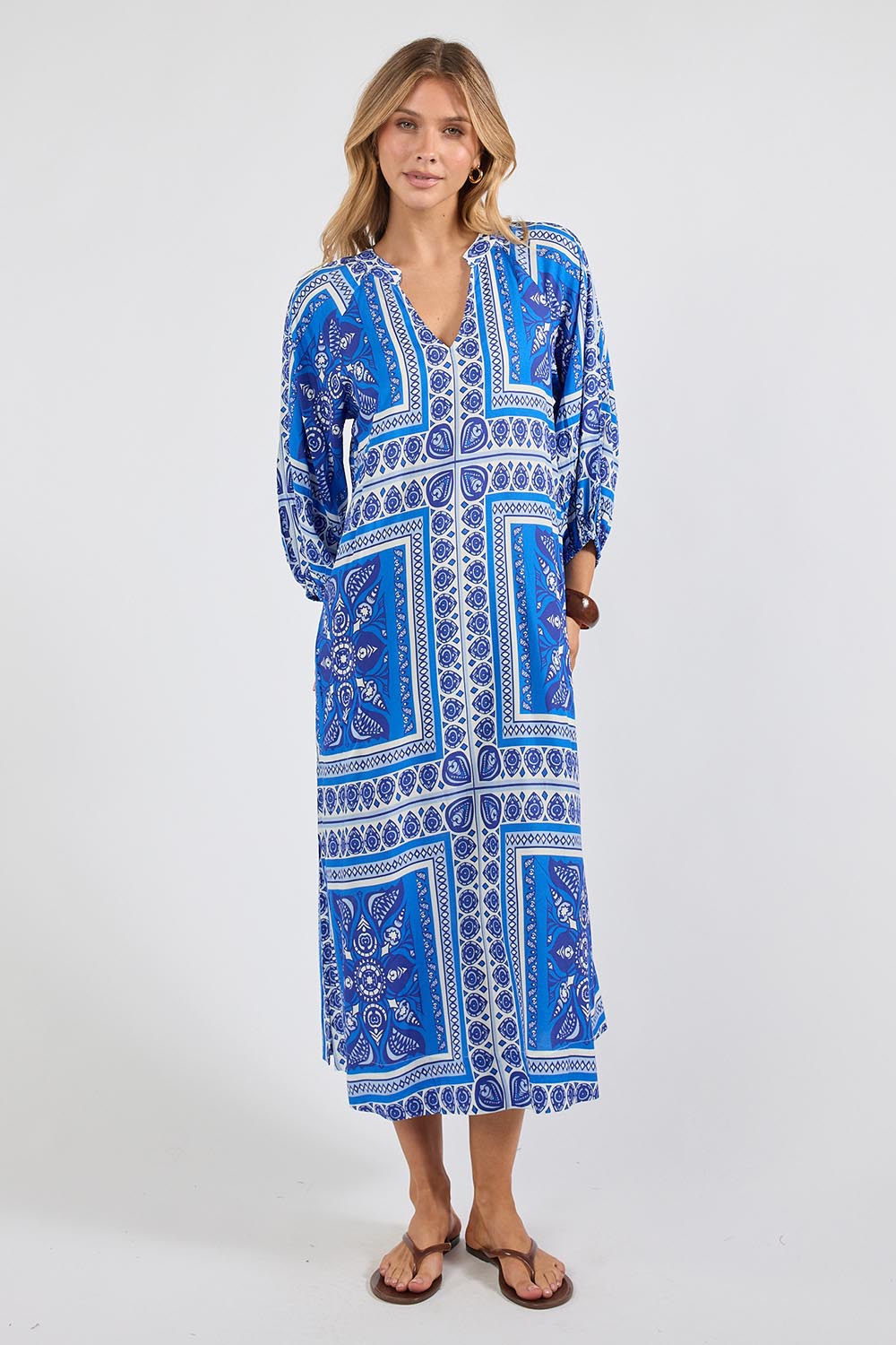 Model Genericm wearing size sample of the Samora Kaftan Dress – Ocean in colour Ocean, from the front