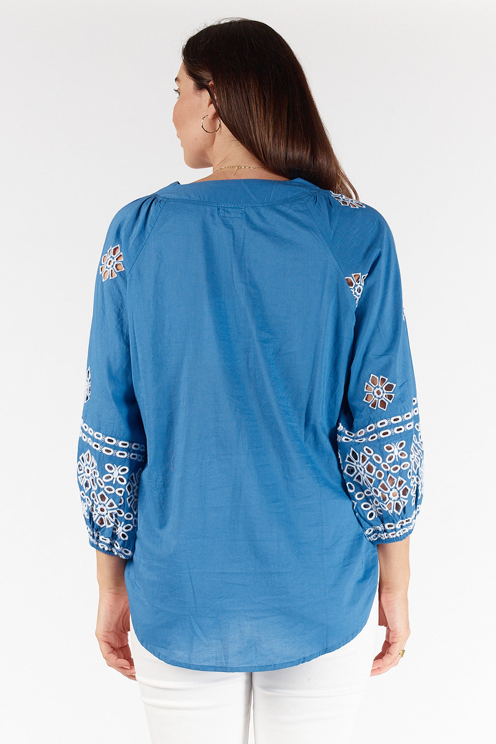 A model wearing the St Luca Cotton Top in colour Ocean (Blue), from the back