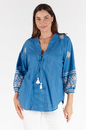 A model wearing the St Luca Cotton Top in colour Ocean (Blue), from the front, cropped image