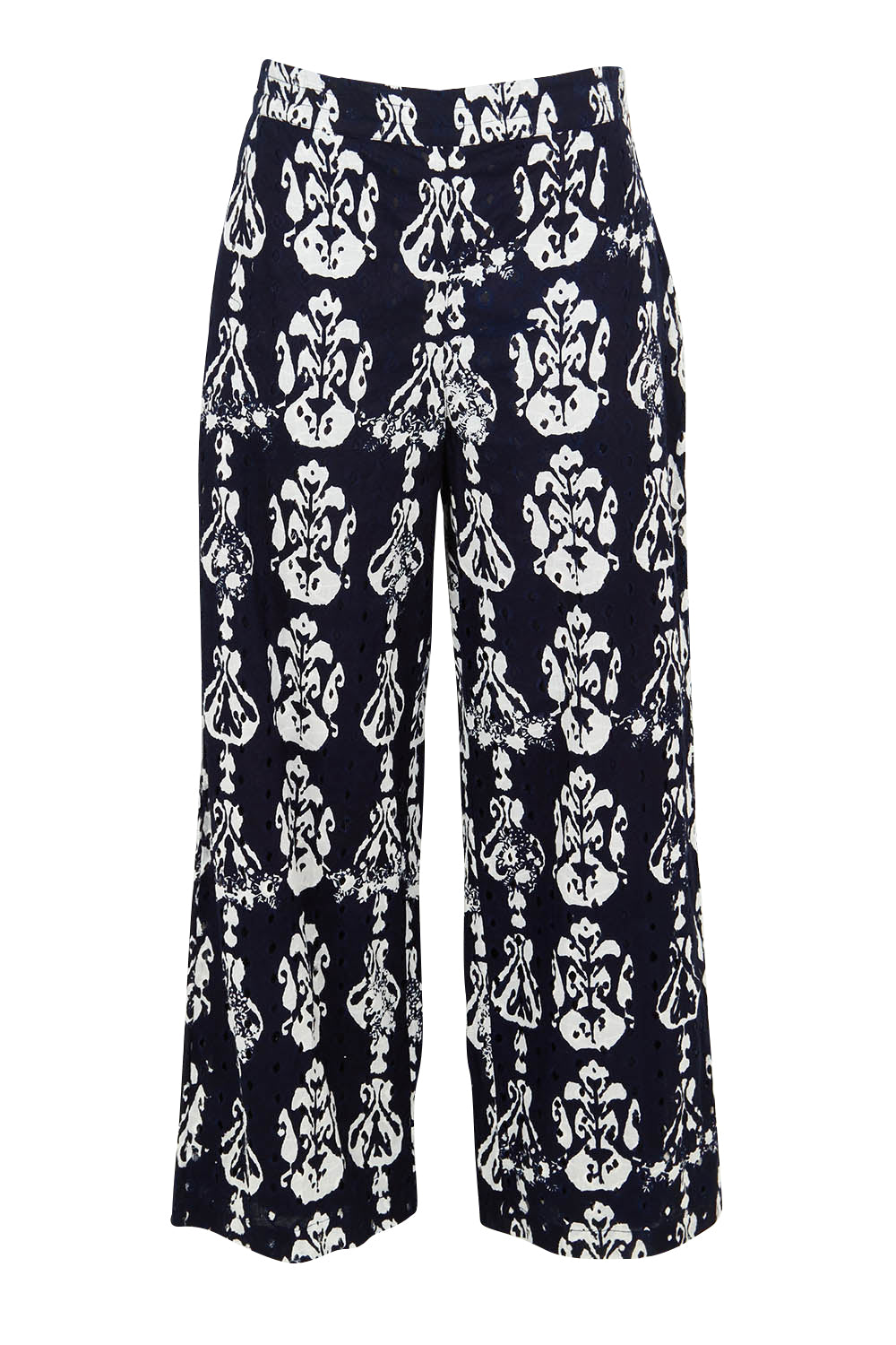 Product shot of the Verona Cotton Broderie Pant in colour Navy (Blue), from the front