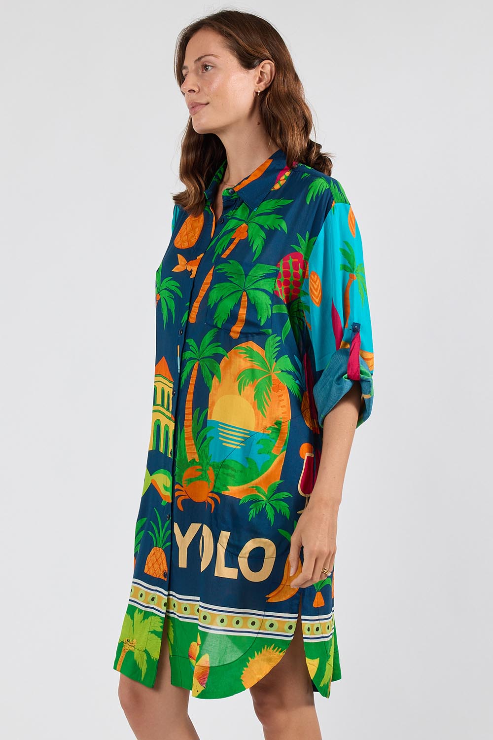 Model Genericm wearing size sample of the Yolo Shirtmaker Dress – Navy in colour Navy, from an angle