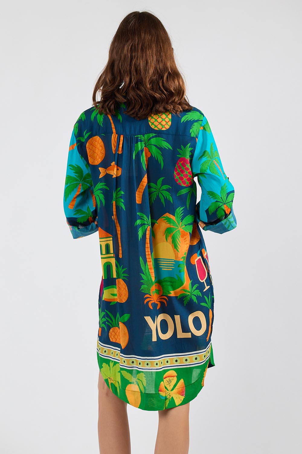Model Genericm wearing size sample of the Yolo Shirtmaker Dress – Navy in colour Navy, from the back