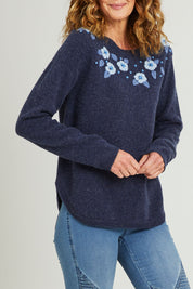 Model Luisa wearing size S of the Bristol Sweater in colour Softblue (Blue), from the front, cropped image