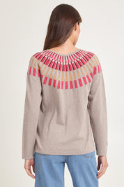 Model Madeline wearing size S of the Josephine Merino Sweater in colour Mushroom, from the back