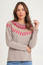 Model Madeline wearing size S of the Josephine Merino Sweater in colour Mushroom, from the front, cropped image
