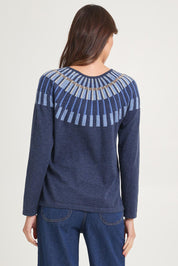Model Madeline wearing size S of the Josephine Merino Sweater in colour Softblue (Blue), from the back