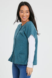 Model Katie wearing size S of the Komma Sweater in colour Aqua (Green), from the front, cropped image