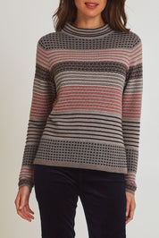 Model Madeline wearing size S of the Ricardo Organic Cotton Sweater in colour Walnut, from the front, cropped image