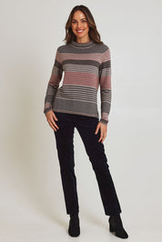 Model Madeline wearing size S of the Ricardo Organic Cotton Sweater in colour Walnut, from the front, showing the whole outfit