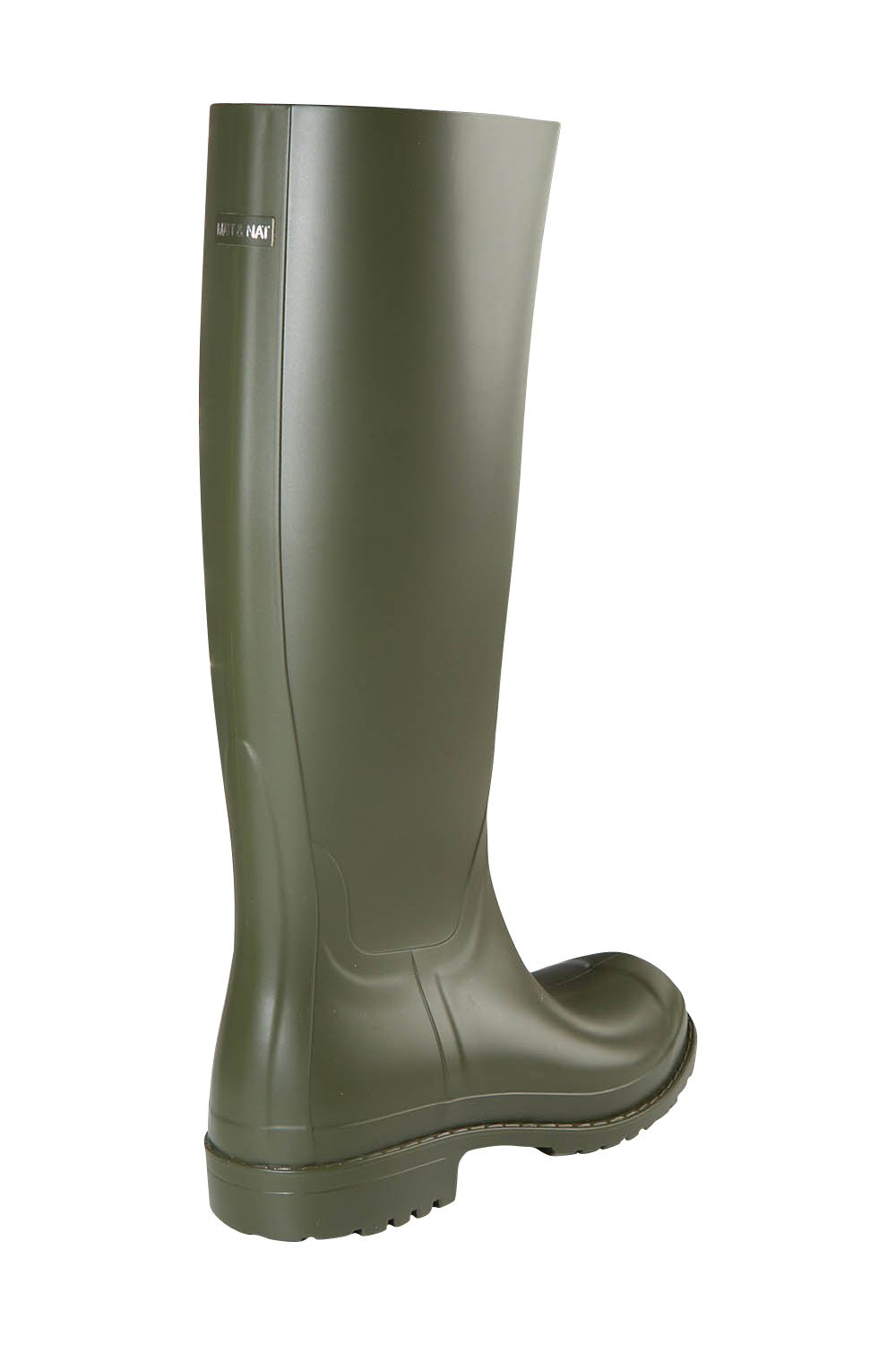 Product shot of the Otoki Waterboot Calf Rainboot in colour Olive (Green), from the back