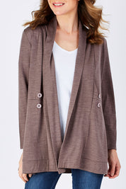 Model Helen wearing size 10 of the Merino Side Button Cardigan in colour Mocha, from the front, cropped image