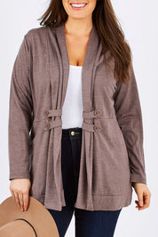 Model Tia wearing size 14 of the Merino Side Button Cardigan in colour Mocha, from the front, cropped image