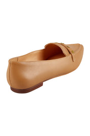 Product shot of the Poplar Pointed Cross Leather Flat in colour Camel, from the back