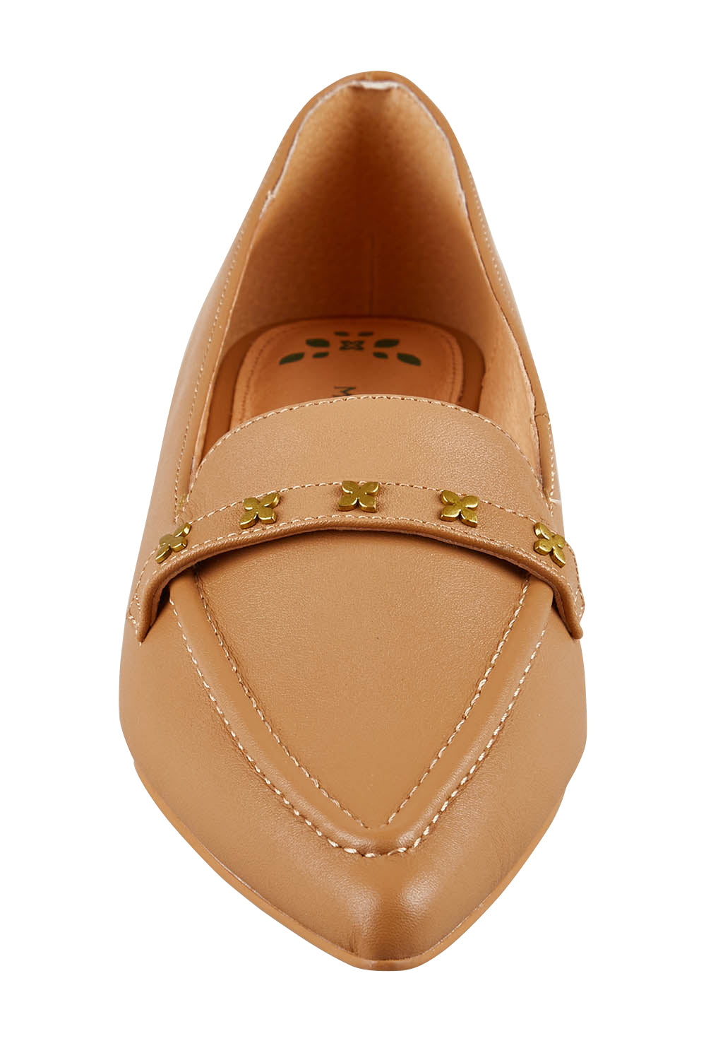Product shot of the Poplar Pointed Cross Leather Flat in colour Camel, detail