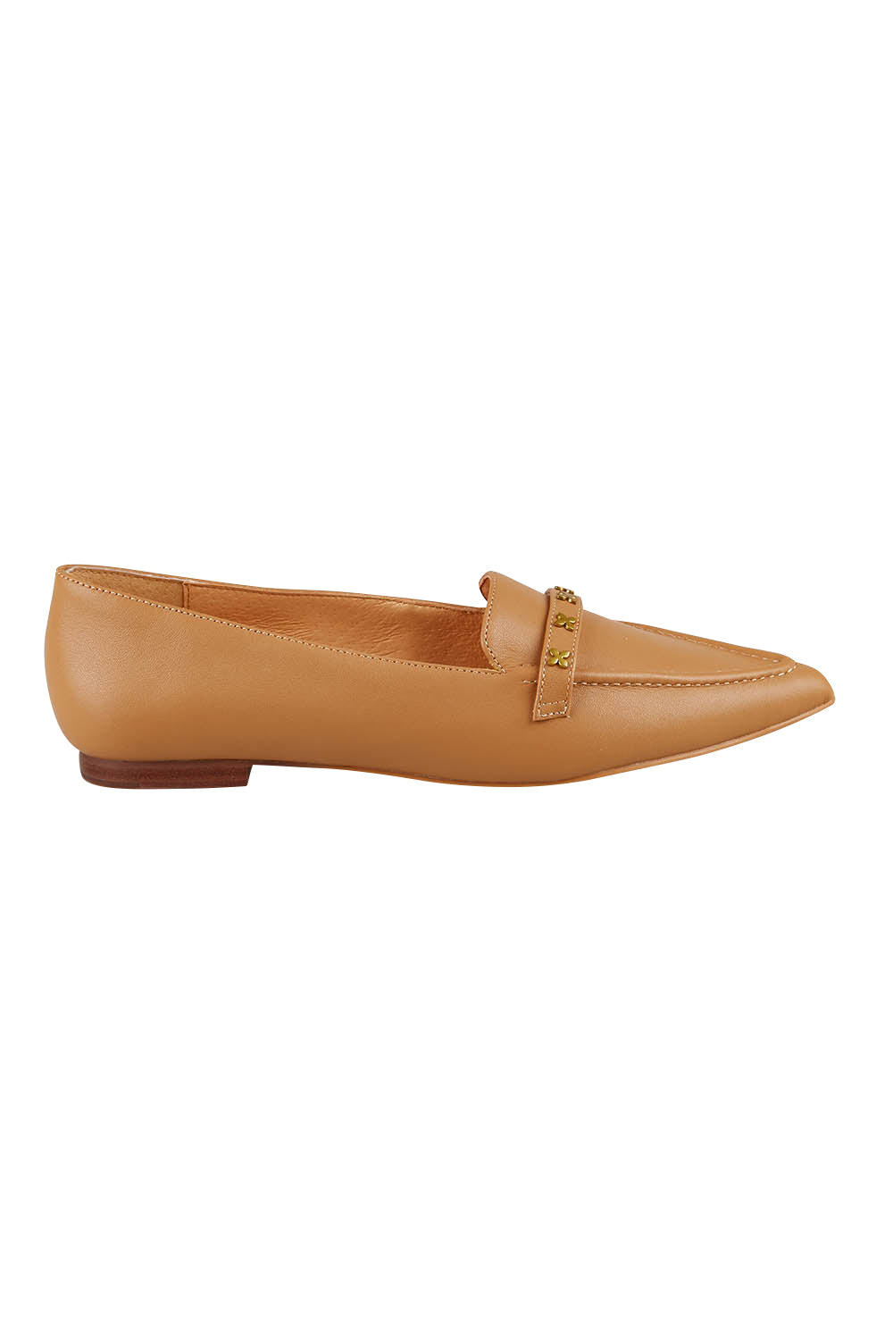 Product shot of the Poplar Pointed Cross Leather Flat in colour Camel, from the front