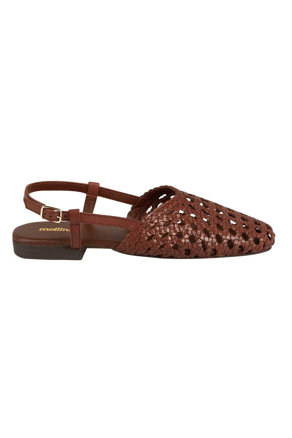 Product shot of the Drasa Leather Woven Flat Heel in colour Chocolate, from the front
