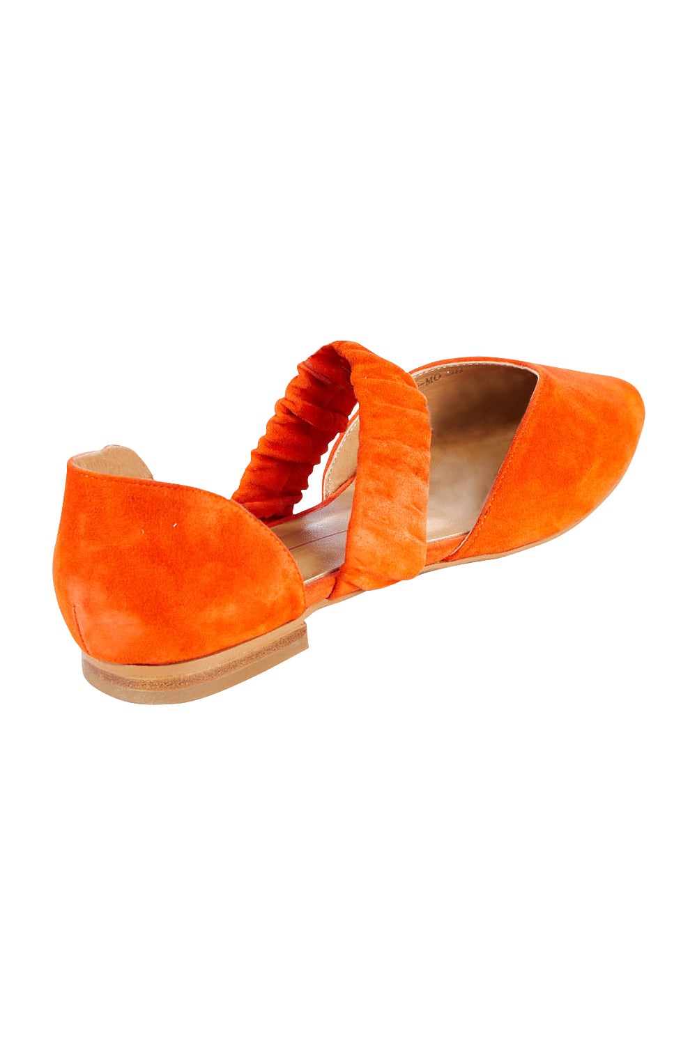 Product shot of the Gatha Suede Flat in colour Orange, from the back
