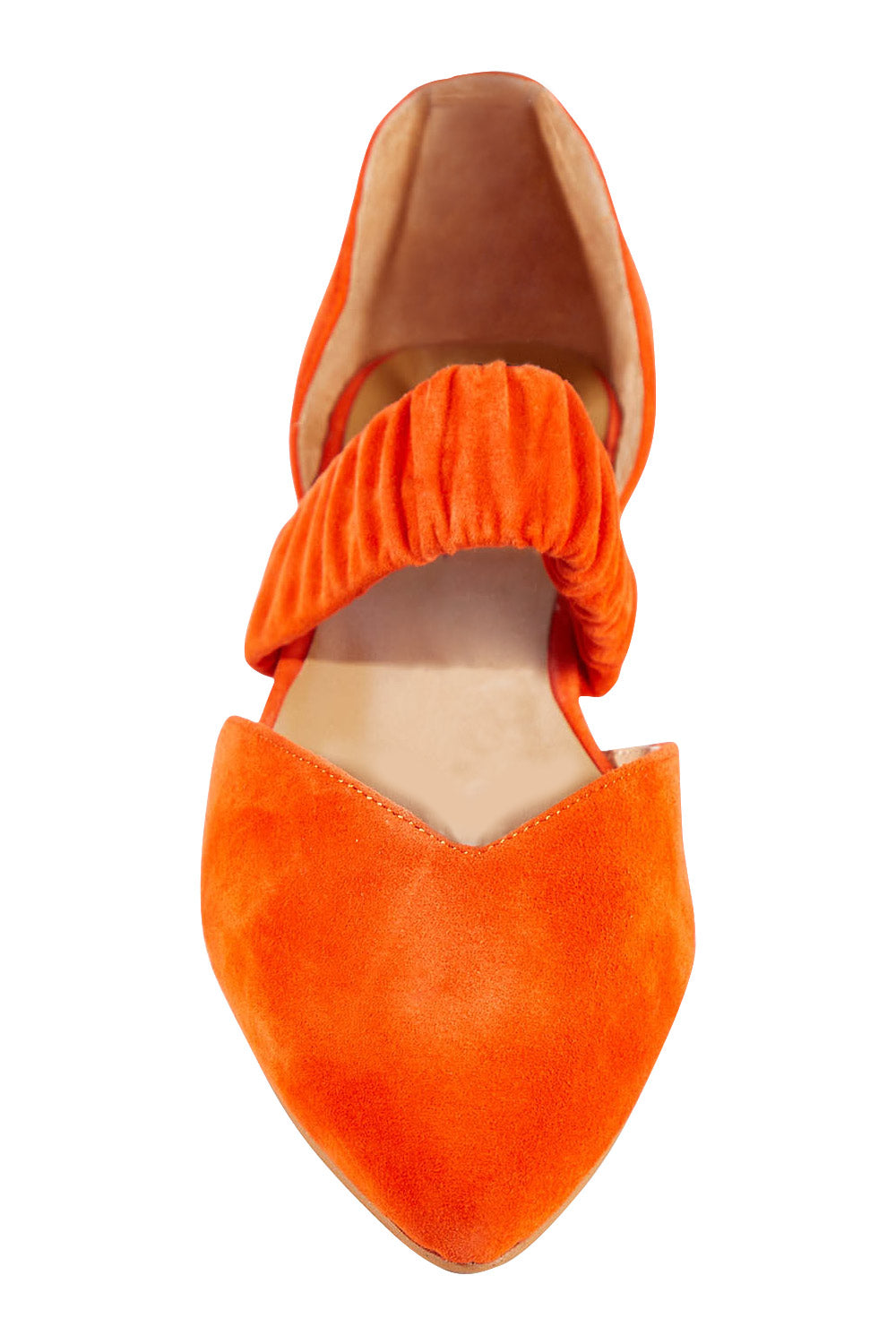 Product shot of the Gatha Suede Flat in colour Orange, detail