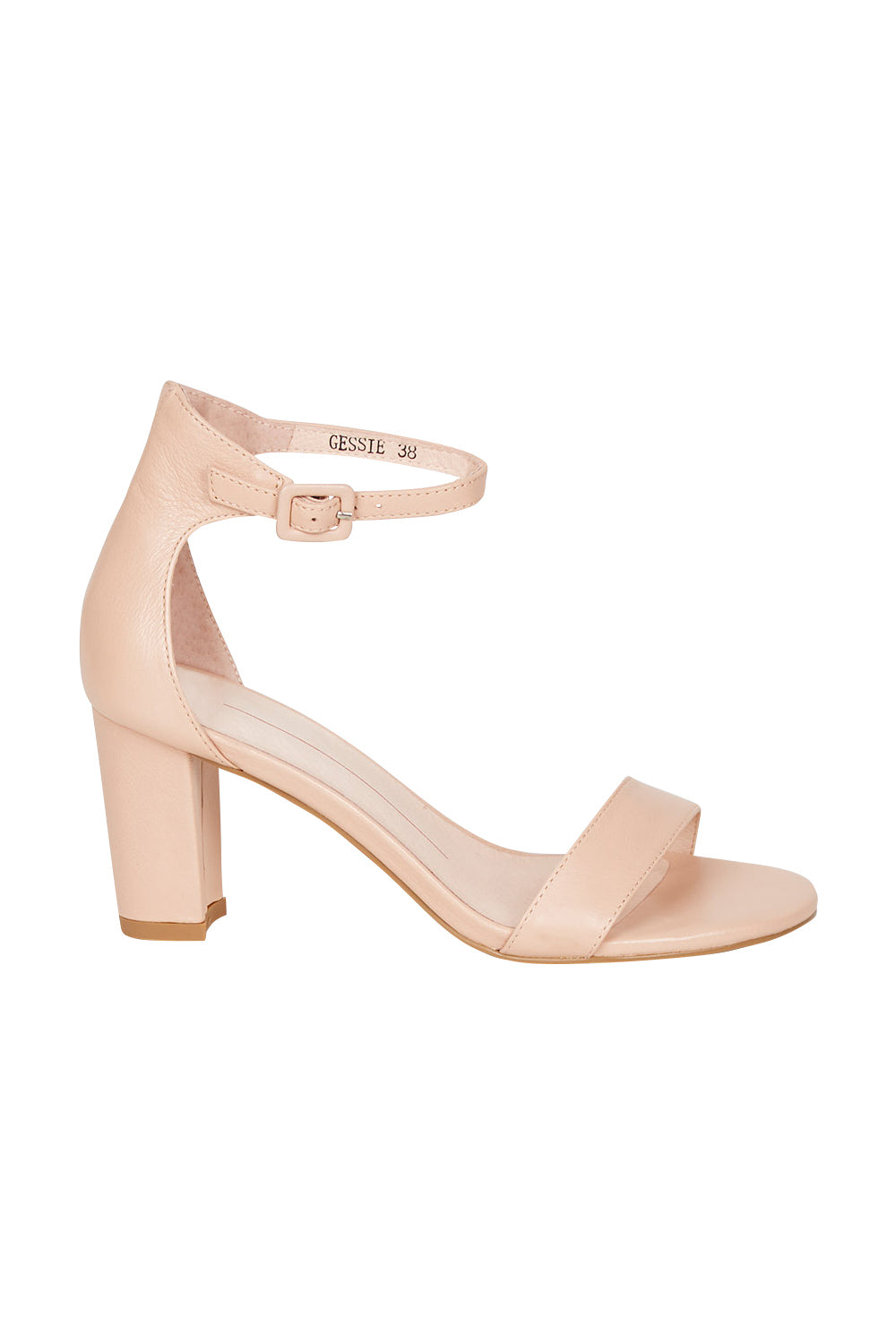 Product shot of the Gessie Heel in colour Nude, from the front