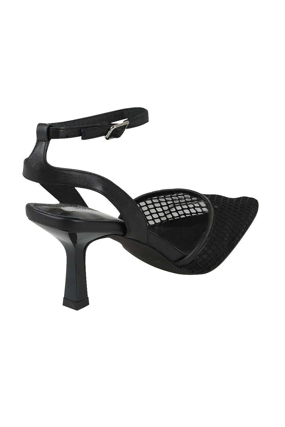 Product shot of the Masey Leather Heel in colour Blackmesh (Black), from the back