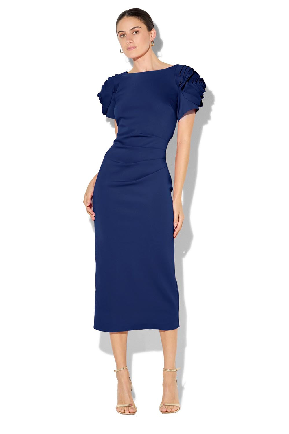 A model wearing the Monelli Rosette Sleeve Dress in colour Navy (Blue), from the front, showing the whole outfit
