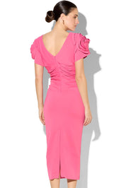 A model wearing the Monelli Rosette Sleeve Dress in colour Pink (Pink), from the back