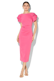 A model wearing the Monelli Rosette Sleeve Dress in colour Pink (Pink), from the front, showing the whole outfit