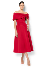 A model wearing the Rowan Cocktail Dress in colour Red (Red), from the front, showing the whole outfit