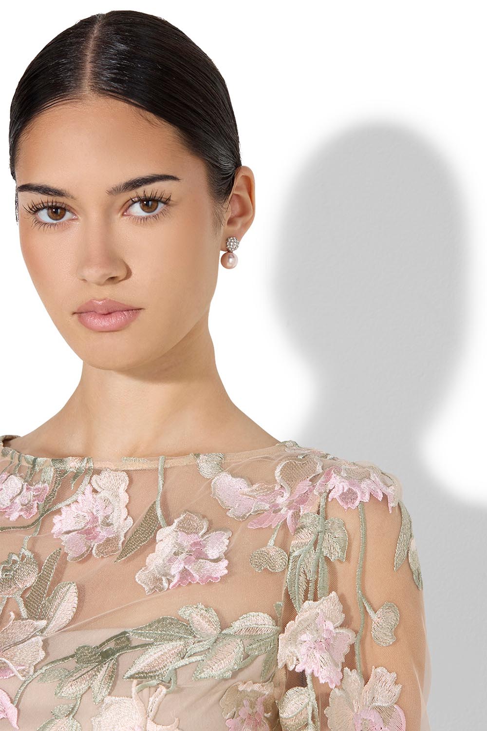 Model Genericm wearing size sample of the Raya Embroidered Gown - Pink in colour Pink, in a cropped view