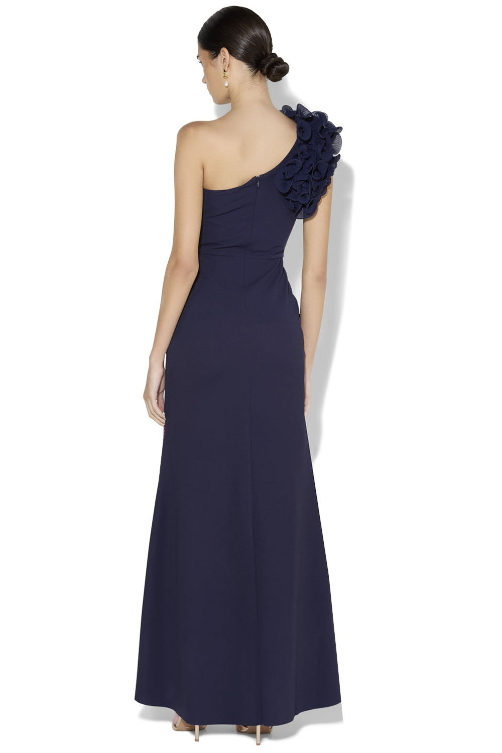 A model wearing the Elle One Shoulder Gown in colour Navy (Blue), from the back