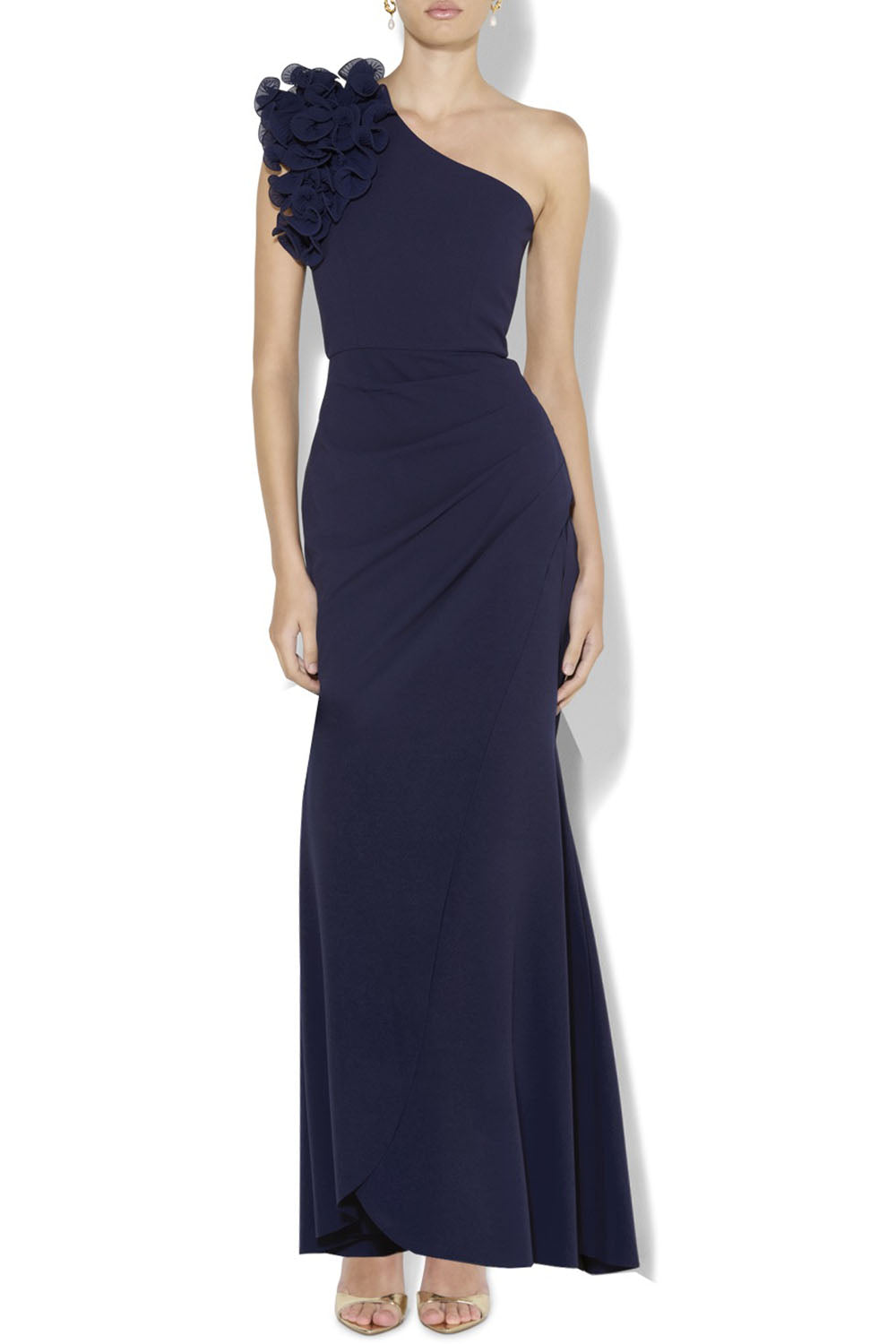 A model wearing the Elle One Shoulder Gown in colour Navy (Blue), from the front, cropped image