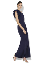 A model wearing the Elle One Shoulder Gown in colour Navy (Blue), from the front, showing the whole outfit